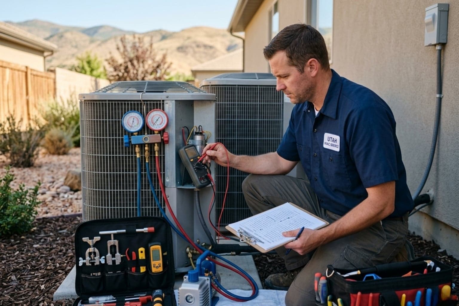 Partner technician inspecting an AC unit with a diagnostic toolkit at a Utah residence