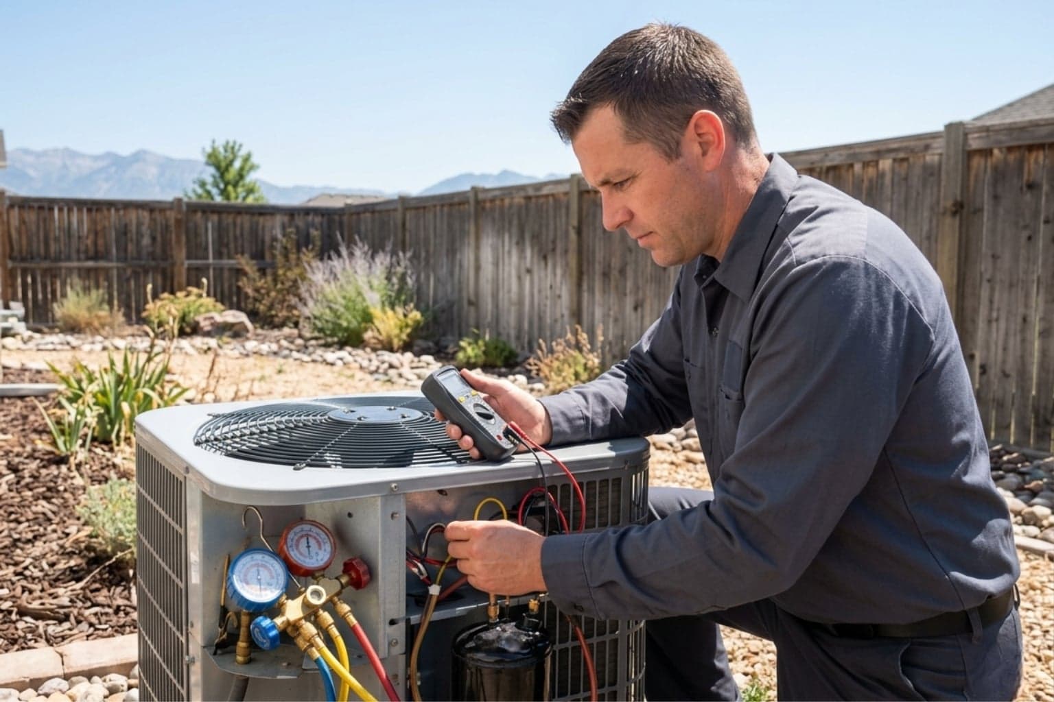 Salt Lake City cooling technician running a diagnostic check on a residential outdoor AC condenser