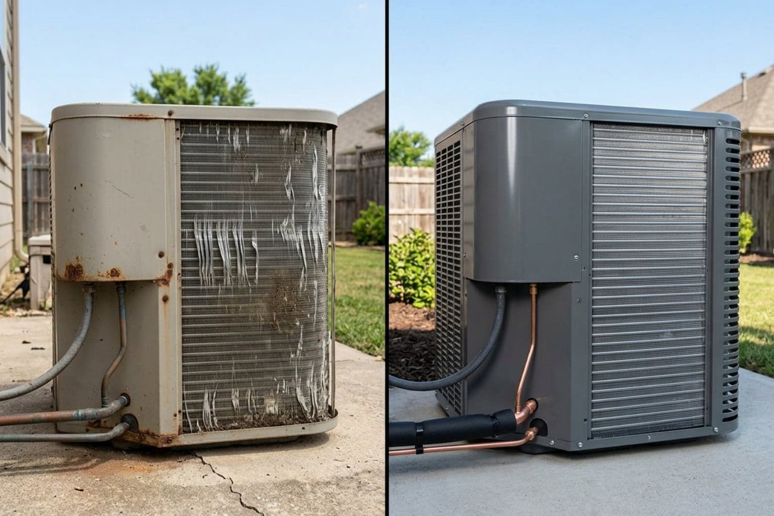 Before-and-after comparison of a rusted-out AC condenser replaced with a new high-efficiency unit