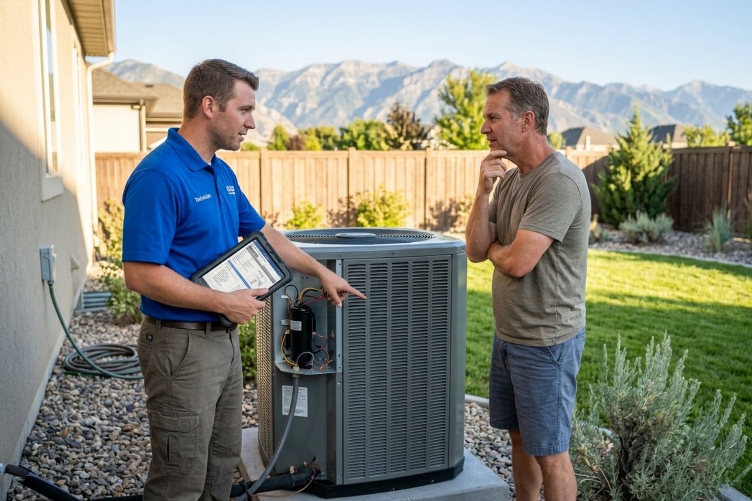 Salt Lake Cooling Repair partner technician walking a homeowner through his cooling-system findings