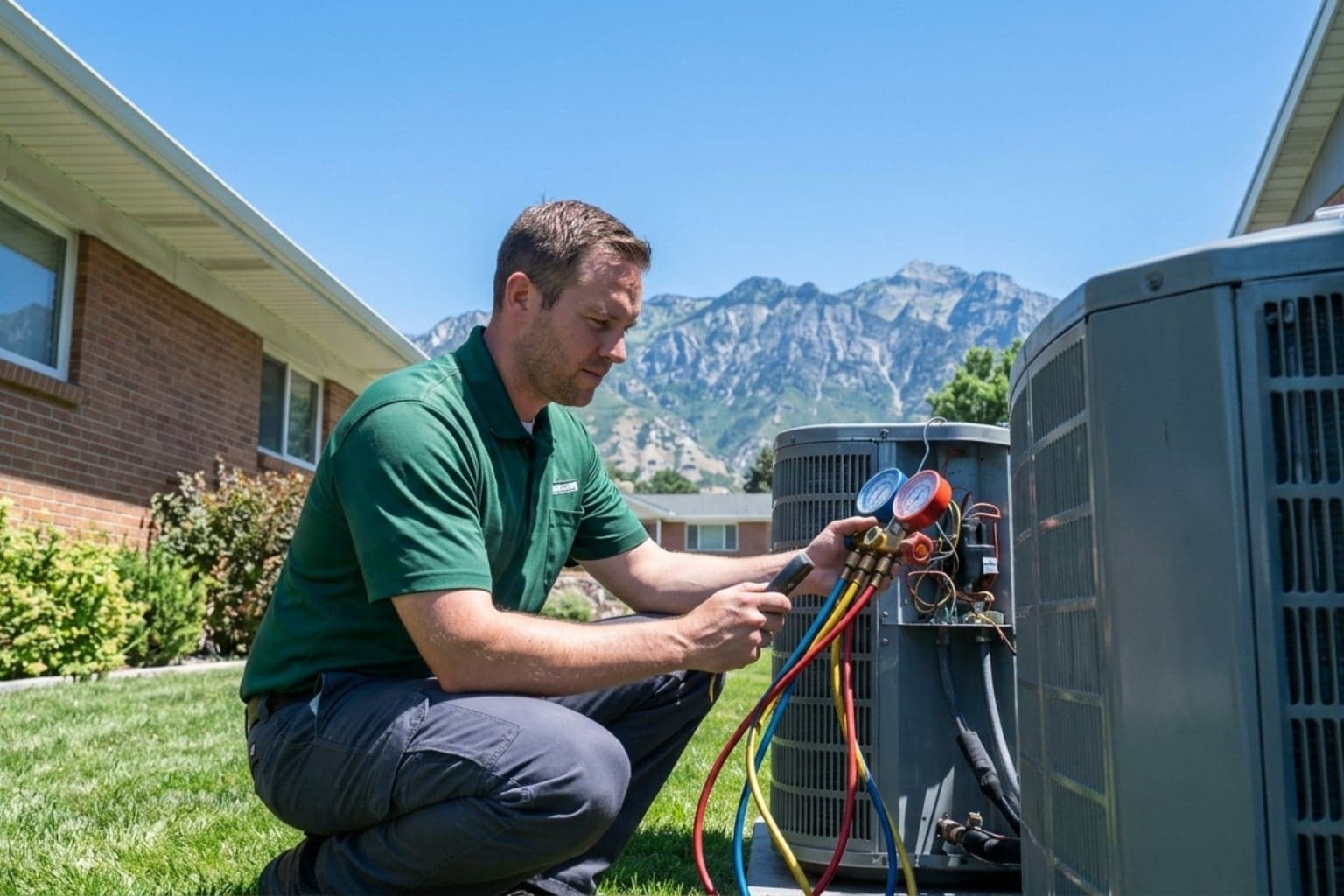Technician charging refrigerant after sealing an AC leak at a Salt Lake City residence