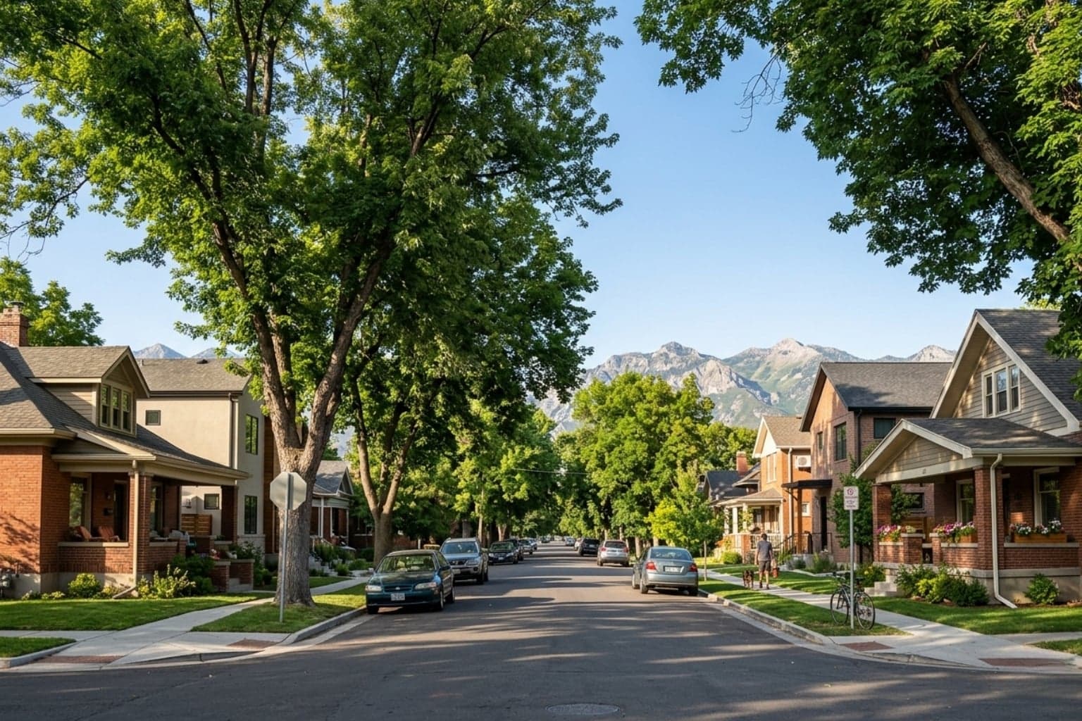 Tree-canopied Salt Lake City street where AC repair trucks respond to summer breakdowns daily