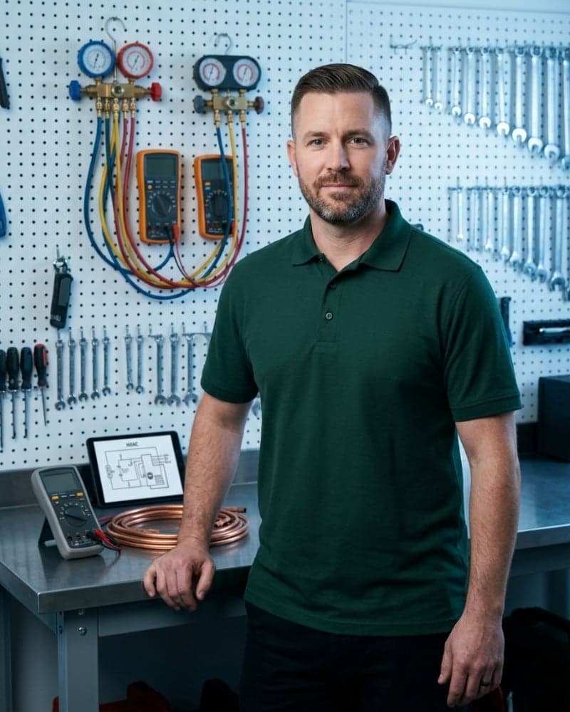 Licensed Salt Lake City AC technician in his workshop beside refrigerant gauges and diagnostic tools