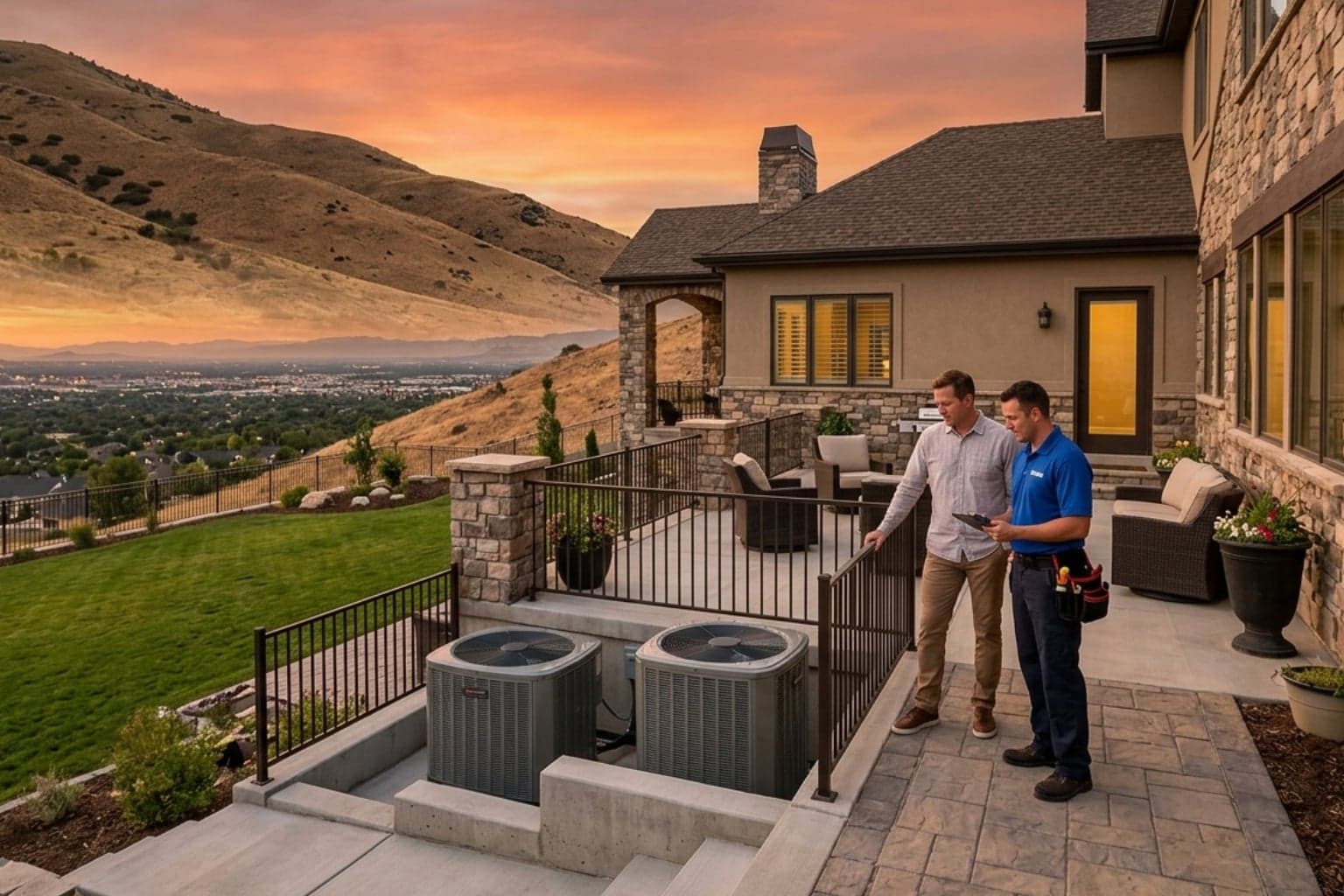Draper, Utah hillside home where two cooling technicians are repairing an outdoor condenser