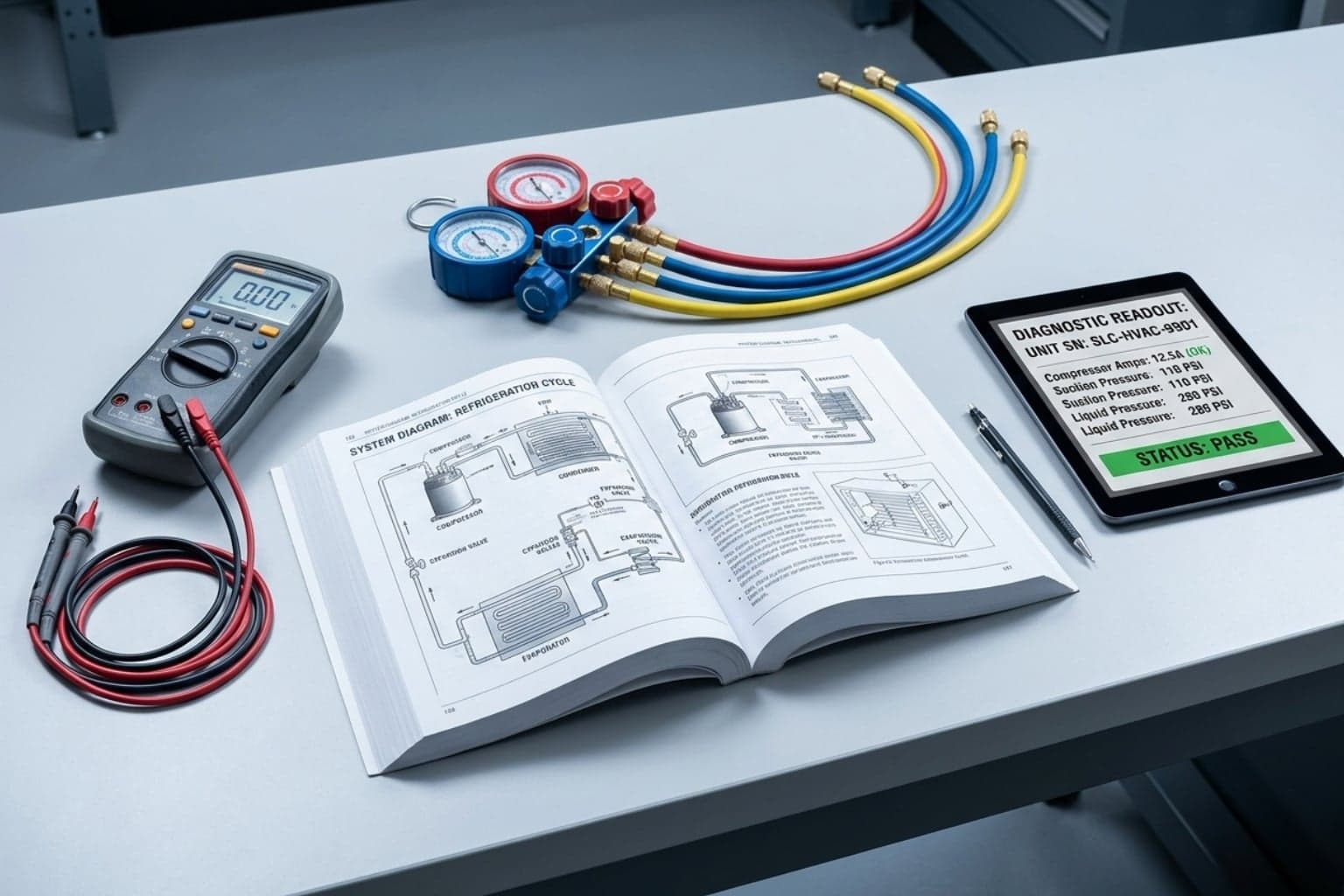 AC maintenance tools, service manual, and diagnostic tablet laid out for a tune-up inspection