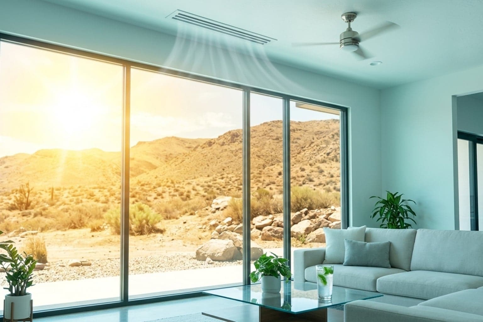 Salt Lake City living room staying cool on a hot summer day thanks to a well-tuned central AC system