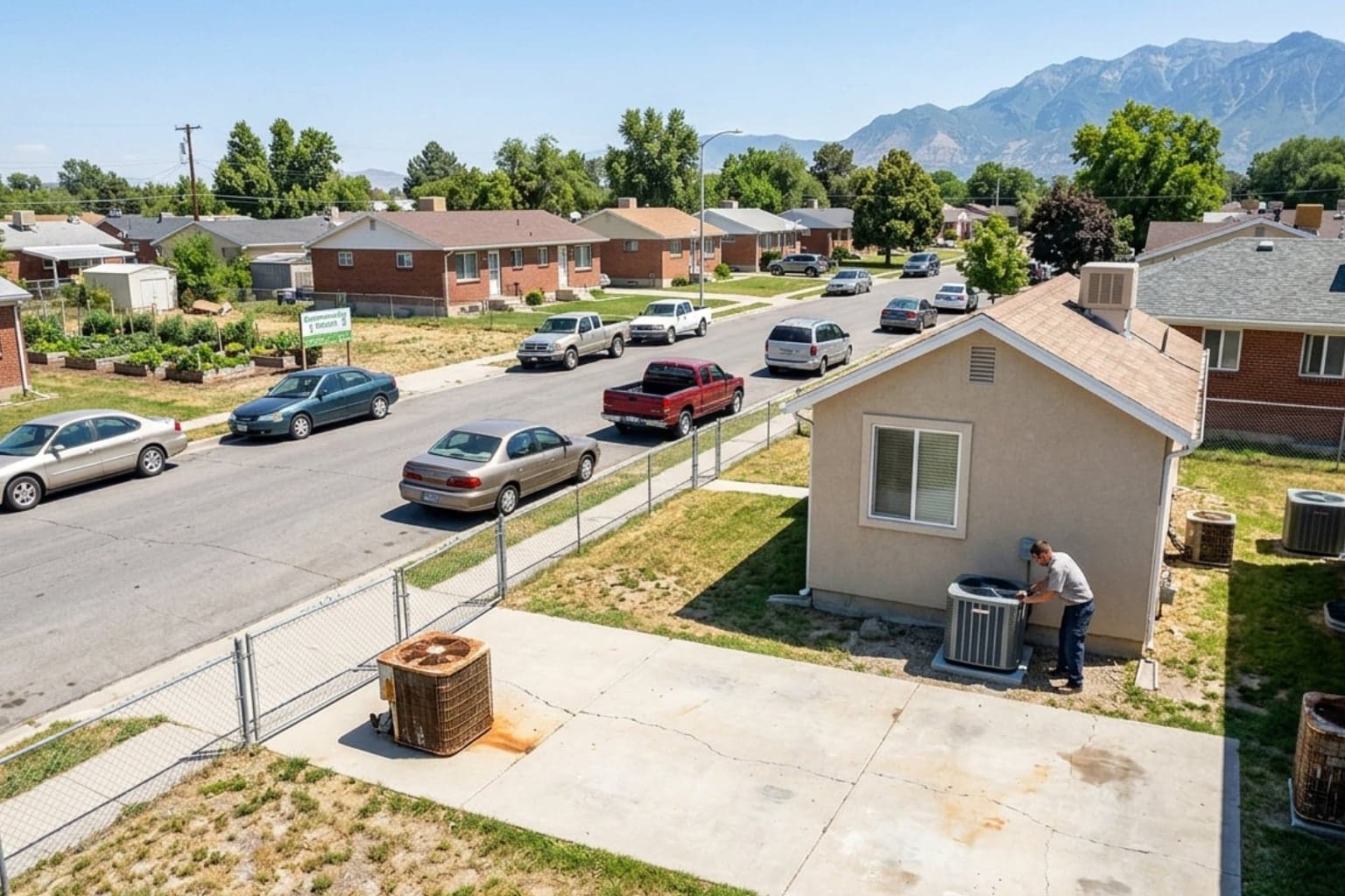Aerial view of Midvale, Utah homes where many original AC units are reaching replacement age