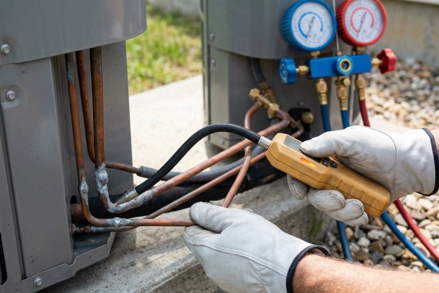 Certified technician using an electronic leak detector on AC refrigerant lines during a leak repair