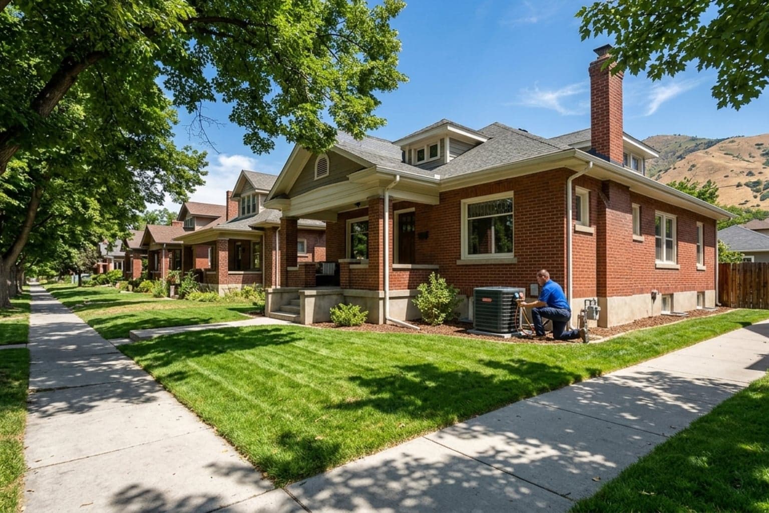 Brick bungalow on a Salt Lake City Sugar House street where an EPA-certified tech is servicing the AC
