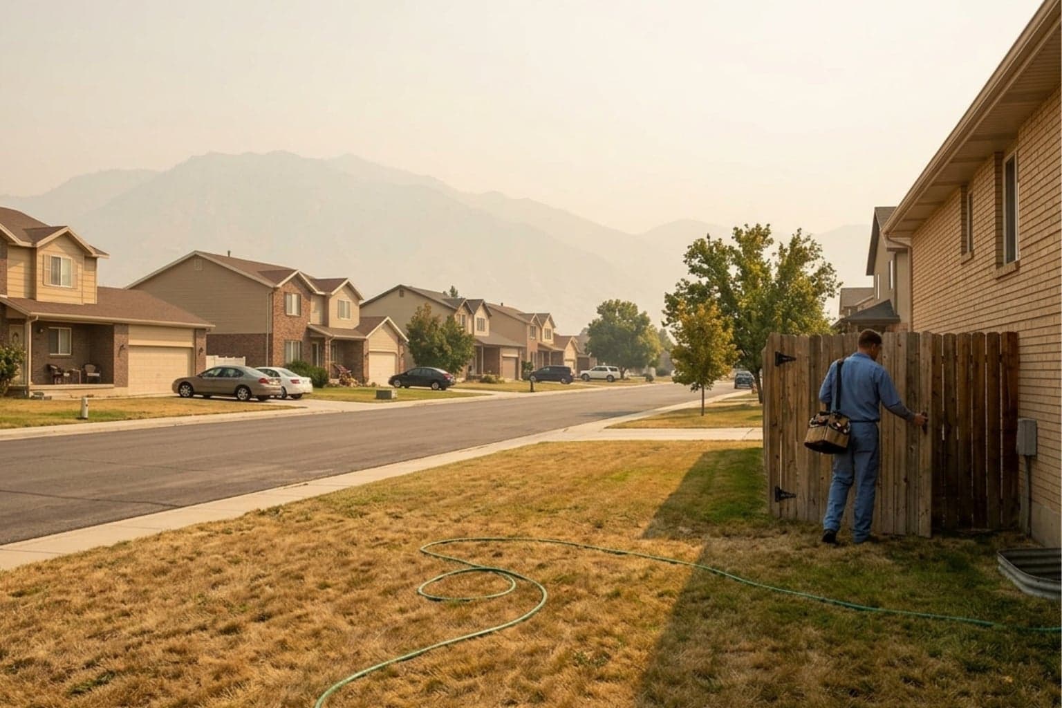 Taylorsville, Utah subdivision where a tech is working under hazy summer skies on a failing AC