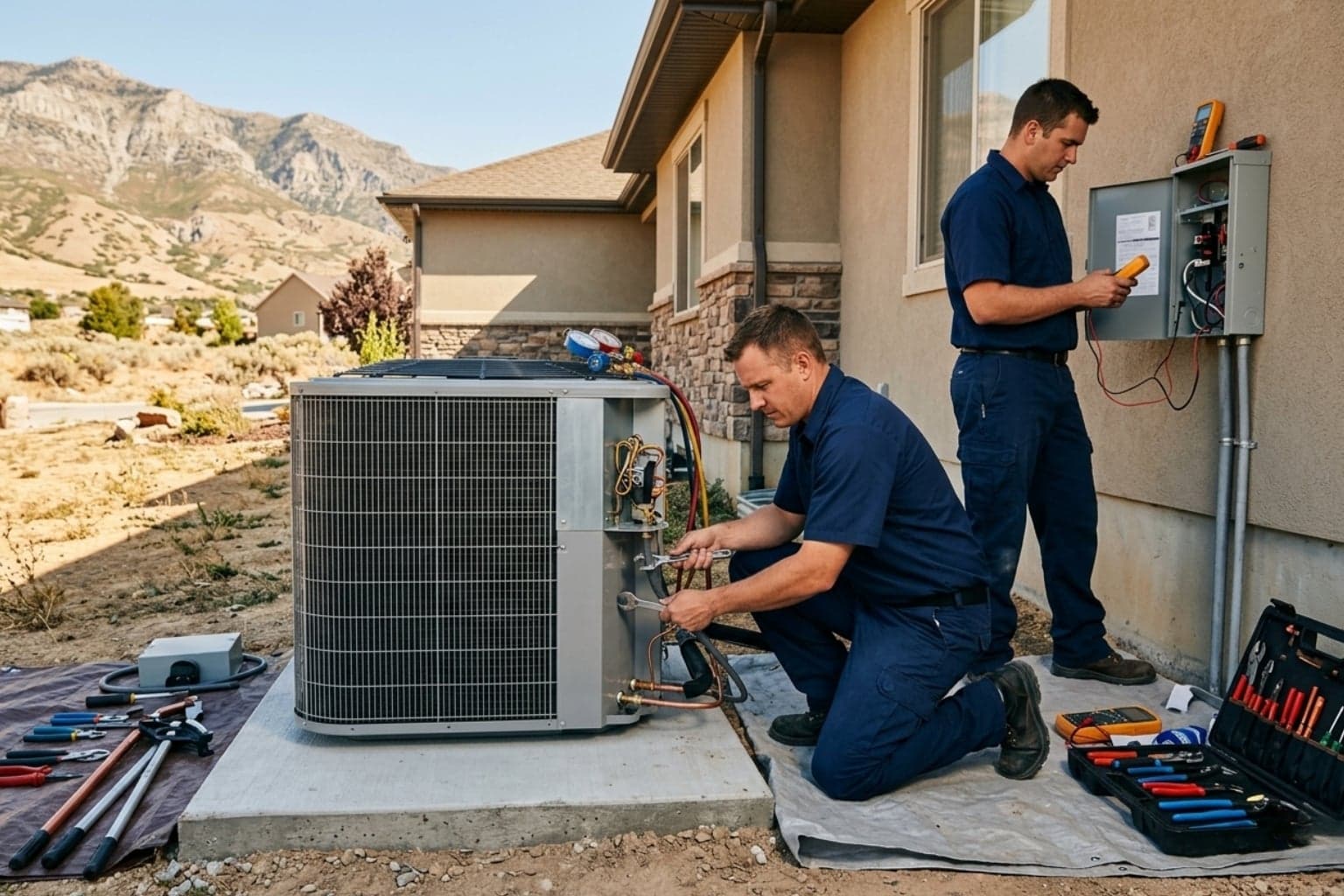 Two cooling technicians working together on a West Jordan, Utah AC condenser repair