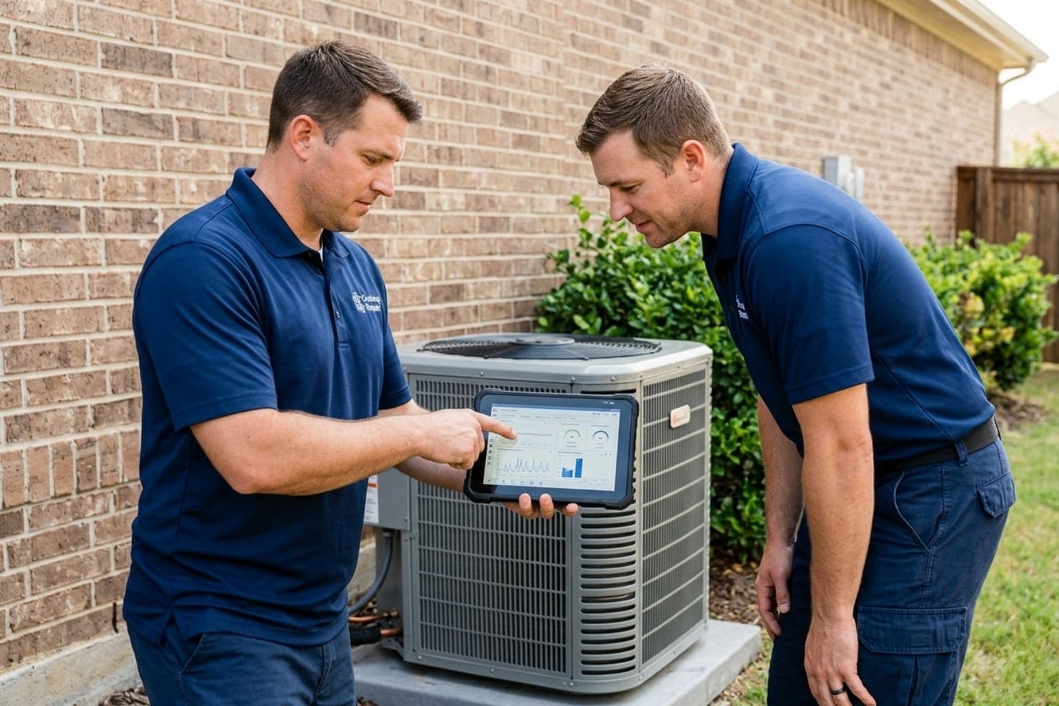 Two EPA-certified partner cooling technicians reviewing diagnostic readings at a Utah home