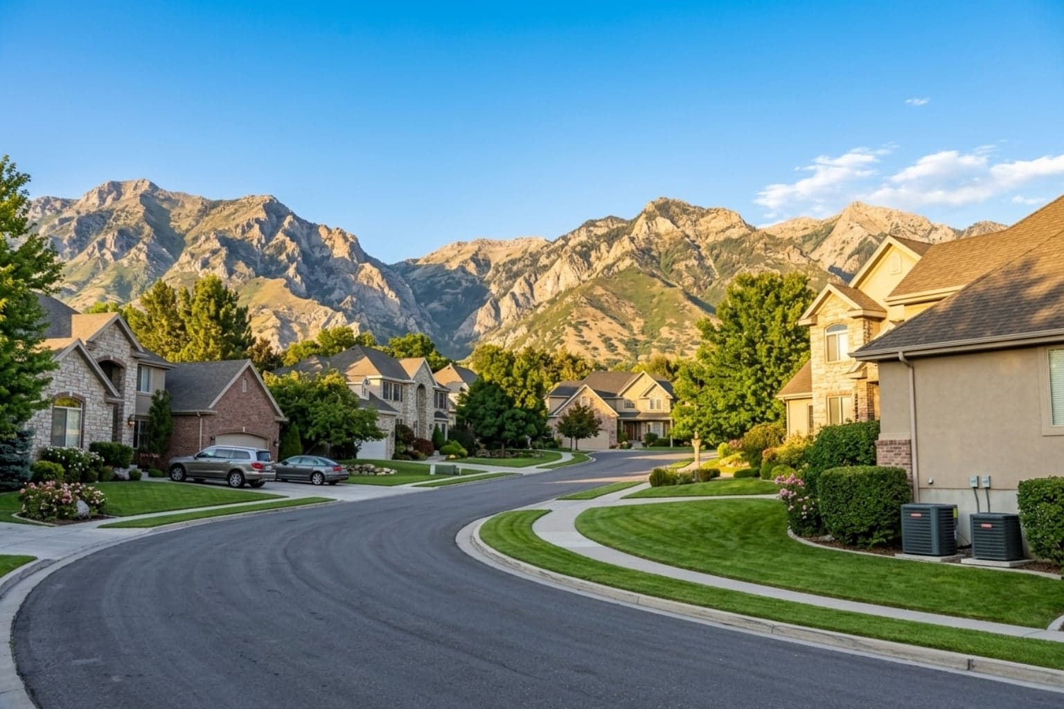 Quiet Salt Lake Valley neighborhood at dusk, served by our licensed EPA-certified cooling network