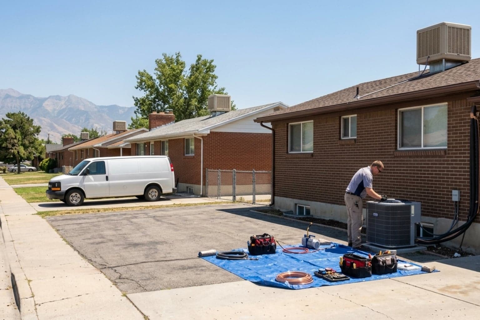 West Valley City brick ranch home where a technician is diagnosing the outdoor AC unit