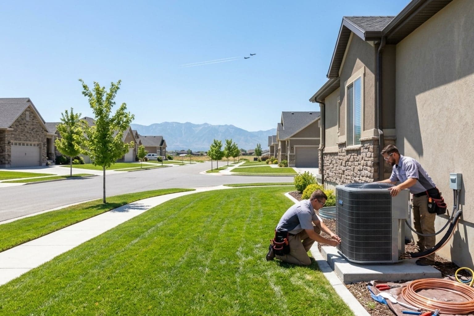 Layton, Utah new build where two technicians are completing an AC condenser repair