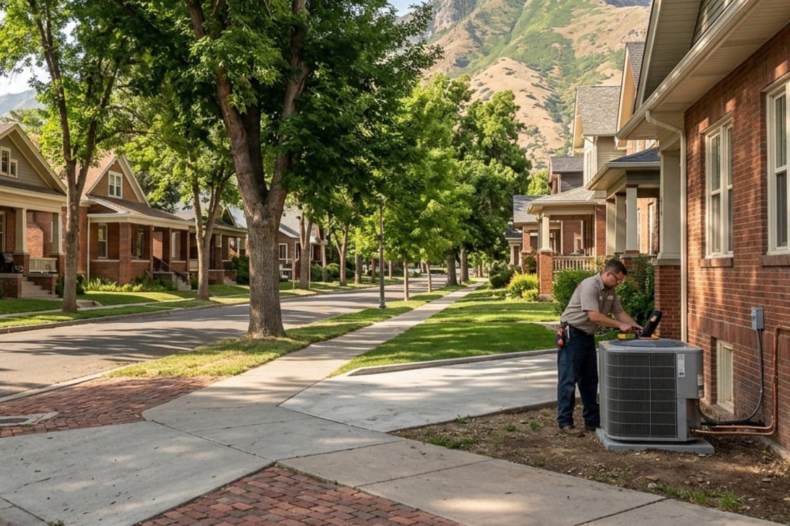 Ogden, Utah historic district where a cooling technician is repairing a century-home AC unit