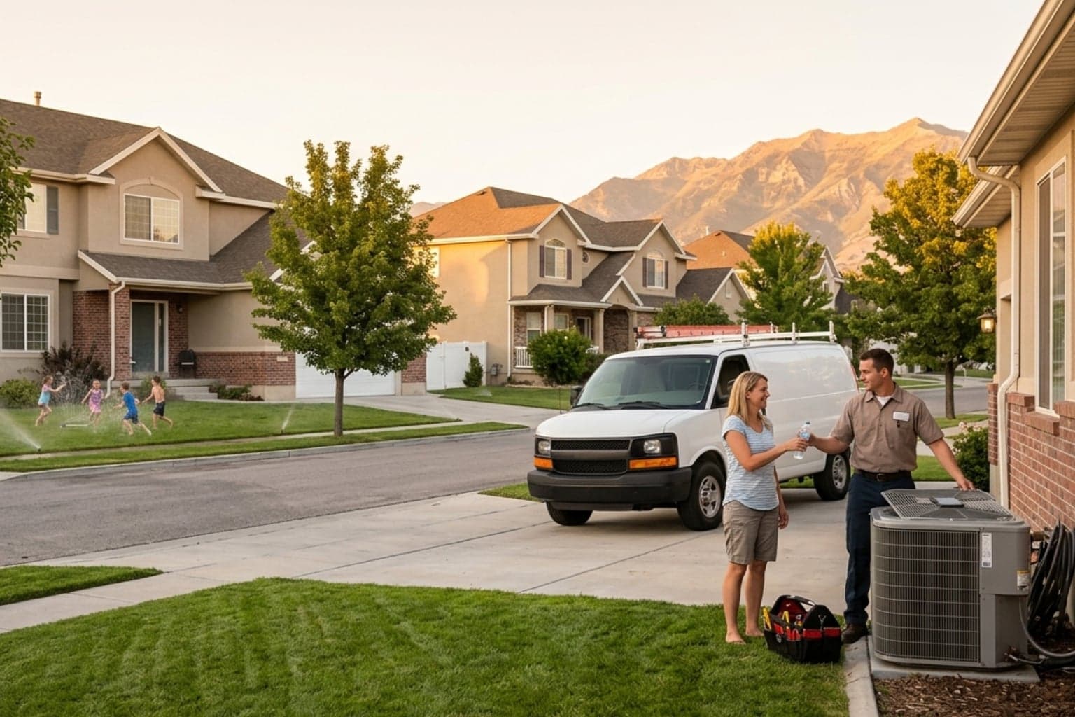 Riverton, Utah home at dusk where a repair technician is handing a repair summary to the family